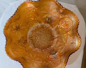 Fenton Carnival Glass Footed Bowl, "Lotus & Poinsettia" Pattern, Brilliant Iridescent Marigold Orange Finish, Ruffled Edge, 1920's