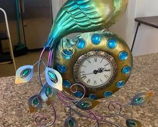 Decorative Metal Peacock Table/Mantel Clock, Green/Gold, Jewel Accents