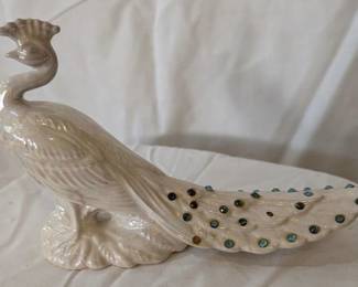 Pearlized White Ceramic Peacock Figurine w/Colored Jewels, 1960's