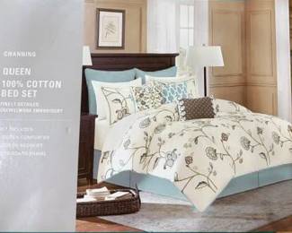 Queen Comforter w/Embroidery, Cream/Brown/Turquoise, Shams, Decorative Pillows