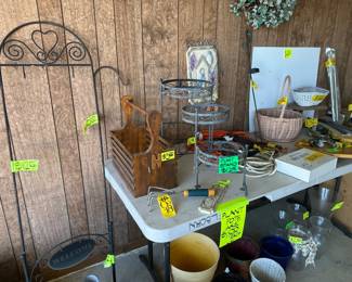 Yard Metal Items - Wood Crate - Metal Plant Stand
