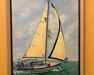 Framed artwork features a realistic nautical oil painting depicting a modern single-masted sailboat navigating choppy green seas under a cloudy sky.