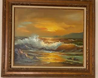 Framed original oil painting appears to be a mid-to-late 20th-century decorative seascape.