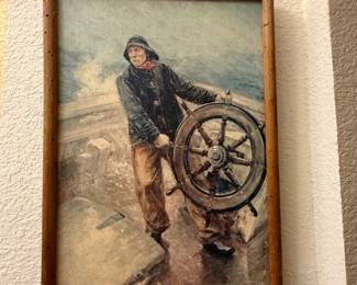 Vintage 1961 canvas reproduction of "The Man at the Wheel" by American artist Augustus Waldeck Bühler (1853–1920).