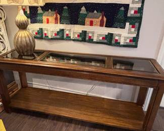Mid-Century Console Table with Brass Frame around Smoke Glass Inserts