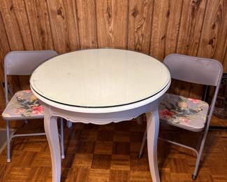 Nice Round Table. Set of Two folding chairs with reupholstered seats.