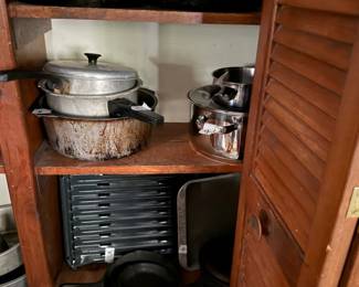 Many Cast Iron pieces. Pots and Pans. Copper. Vintage Pressure Canner.