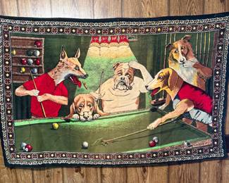 Vintage 1970's Dogs Playing Pool Wall Tapestry