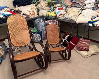Bentwood rockers. One adult one child. MANY linens. Quilts. Afghans.