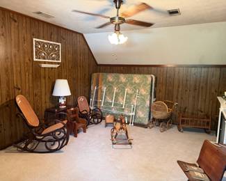 Antique full bed with matresses; bentwood rockers and more.