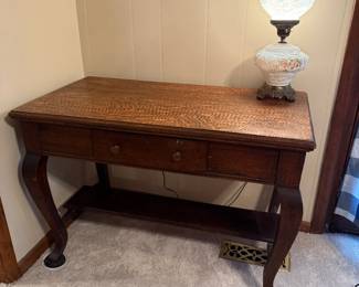 Antique Tiger Oak desk/table. ""Gone with the Wind" style lamp.