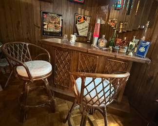 Vintage Pier One Bar with two stools.  MCM Wall Mirror.  