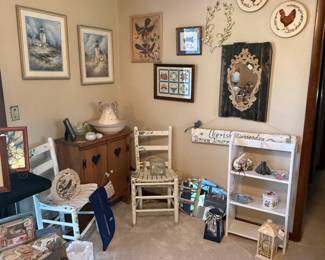 Painted chairs.  Many vintage items and beautiful crossstich to choose from.