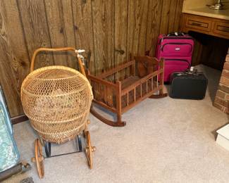 Vintage doll stroller; doll cradle.