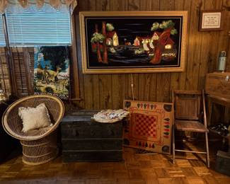 Vintage Ashbrook on velvet oil.  Lighted owl eyes.  Old trunk.  Wicker chair.  Other miscellaneous items to choose from.