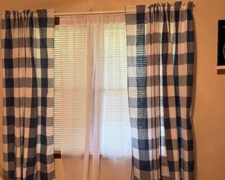 Blue White plaid check window panels.