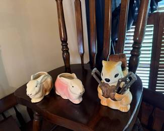 Vintage ceramic bunny pair and squirrel nut cracker set.