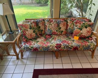 Rattan sofa & 2 end tables