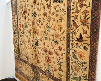 Chinese Qum: Fine wall hanging; Woven Tea Wash Wool and Silk Garden Scenes  (Isfahan design) measures 6.6 x 4.7"