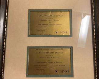2  framed John F Kennedy 1963 Gold Texas Welcome Dinner Tickets
