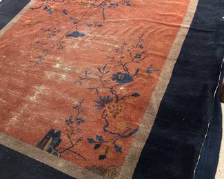 Signed 1920's Chinese art deco rug (rust & indigo blue) one edge has tears,  old stains sold "as is"