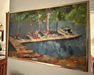 "Boat Dock" painting on canvas, signed McIntyre.