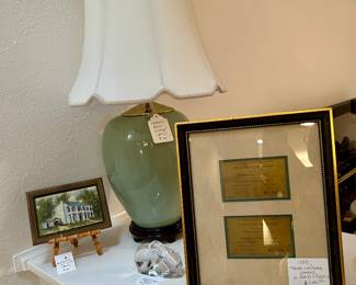 1 off 2 Celadon lamps (new), 2  framed John F Kennedy 1963 Gold Texas Welcome Dinner Tickets