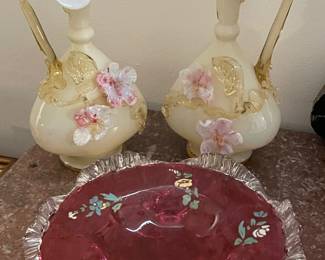 Cranberry ruffle bowl, Stevens and WILLIAMS Art glass sewers,  pair