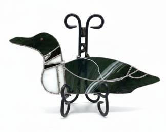 Oval Stained Glass Loon Black White Duck Head Hanging Chain Suncatcher