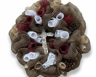 Decorative Mesh Cross Wreath with Pinecones