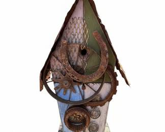 Handmade Barnwood Folk Art Birdhouse with Industrial Accents