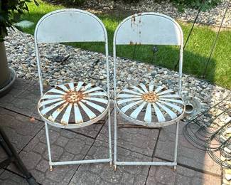 Vintage French Francois Carre Sunburst Metal Folding Chairs