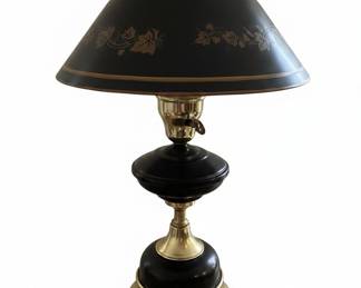 Vintage Black and Brass Toleware Bouillotte Table Lamp with Leaf Motif