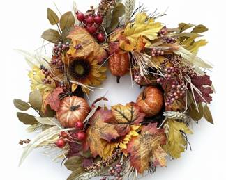 Artificial Autumn Harvest Wreath with Pumpkins, Sunflowers, and Berries