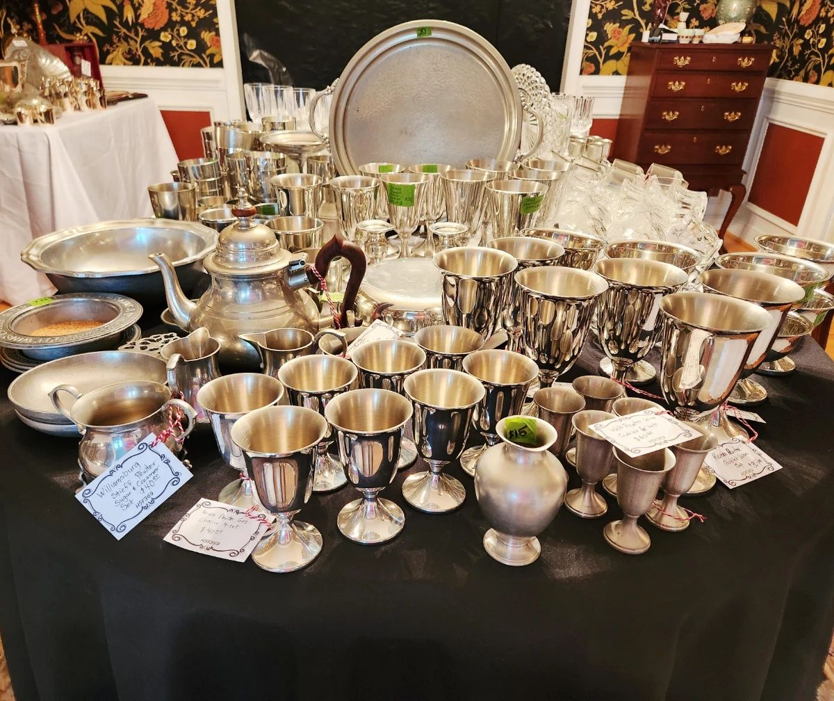 Silverplate and Pewter cups, goblets and trays, Pewter Teapot, Stieff Jefferson cups