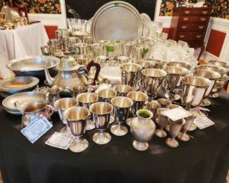 Silverplate and Pewter cups, goblets and trays, Pewter Teapot, Stieff Jefferson cups