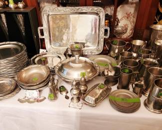 Williamsburg Pewter pieces and Steins; Waterford Crystal Champagne Flutes
