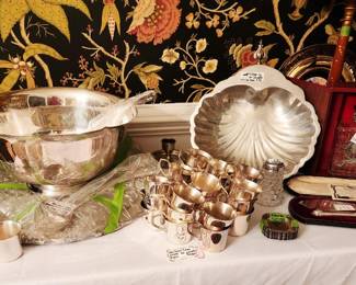 Pewter Punchbowl, tray, ladle and Cups