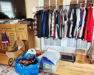 Antique Stroller, Womens and kids shoes, Men's clothes; Vintage kids fur hats, scarves and muff