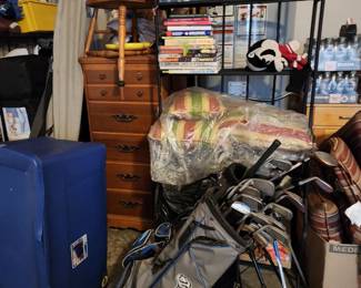 Golf Clubs and Shoes, Outdoor Cushions/Pillows, Bakers Rack, Lingerie Chest, Solid Wood Barrel Chair, Skis and Boots, Empty Storage Containers