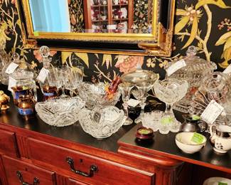 Cut Glass, EAPG pieces, Waterford Decanter, Biscuit Jar and Vase, Cooper Luster/Lusterware pieces