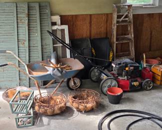 Vintage wood Shutters (Old Green chippy paint) Hanging metal baskets, Huskee Lawn mower