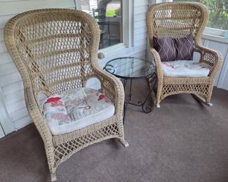 Wicker Rocking Chairs & Wrought Iron & glass top table