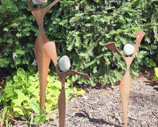 Garden Sprits sculptures, raw steel & Minnesota Fieldstone by Francis Metal Works