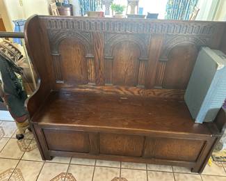 Carved Oak Gothic/Jacobean Revival box settle or hall bench.