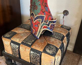 $75-300. vintage Egyptian/Middle Eastern camel-saddle stool or ottoman, probably mid-20th century (roughly 1950s–1970s)