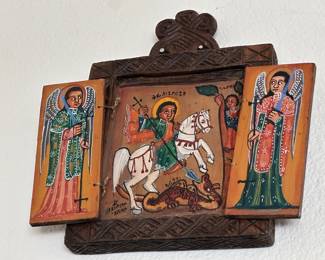 ETHIOPIAN Orthodox Christian hand-painted triptych icon.