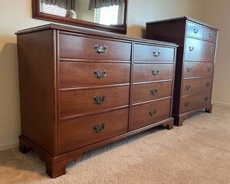 Bedroom Dresser 2 with Tall Boy, mirror, and side table - all have protective, separate glass tops