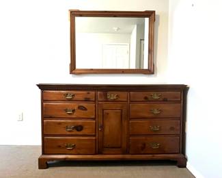 Ethan Allen solid pine dresser and mirror 57" - 1950's / 1960's - with a separate glass top for protection