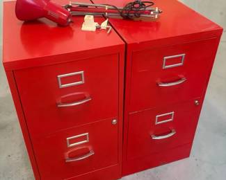 Cherry Red Filing Cabinet And Desk Lamp